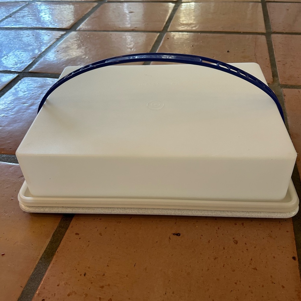 White Cake Carrier with Blue Handle